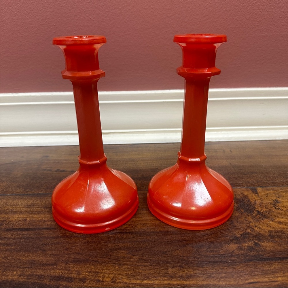 Vintage 40's Bright Sunset Orange Glass Candle Stick Holders